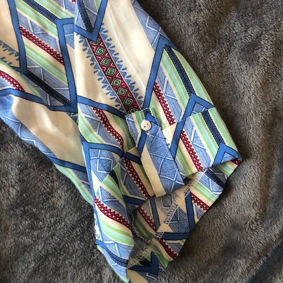 VINTAGE 60s 70s BEIGE BLACK BLUE RED AZTEC GEOMETRIC MOD BLOUSE 14 16